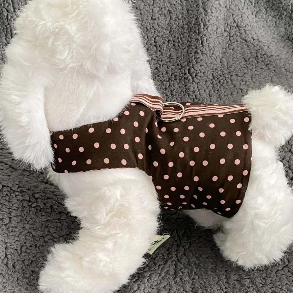 New- BROWN W-PINK or BLUE POK-A-DOTS small dog harness